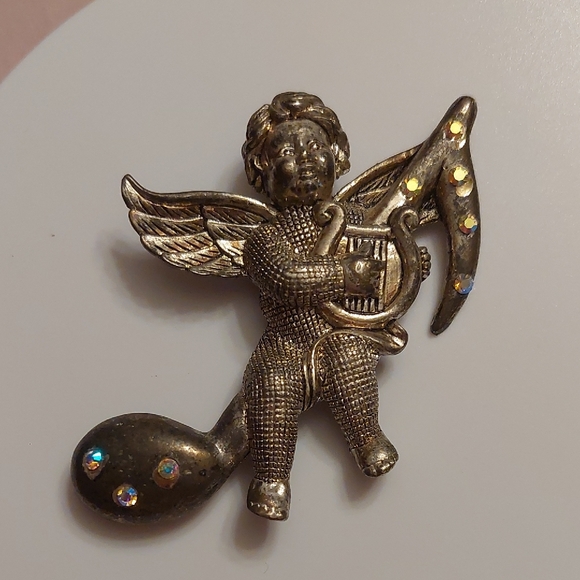 Two Vintage Angel Brooches Cherub with Harp AB Rhinestones Precious Moments PMI - Picture 4 of 12